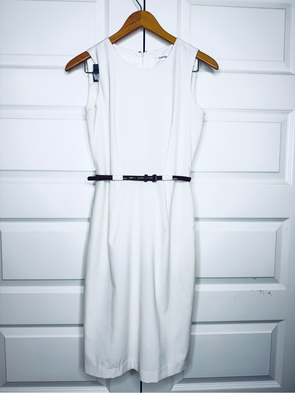Calvin Klein White Sleeveless Sheath Dress with Slim Black Belt